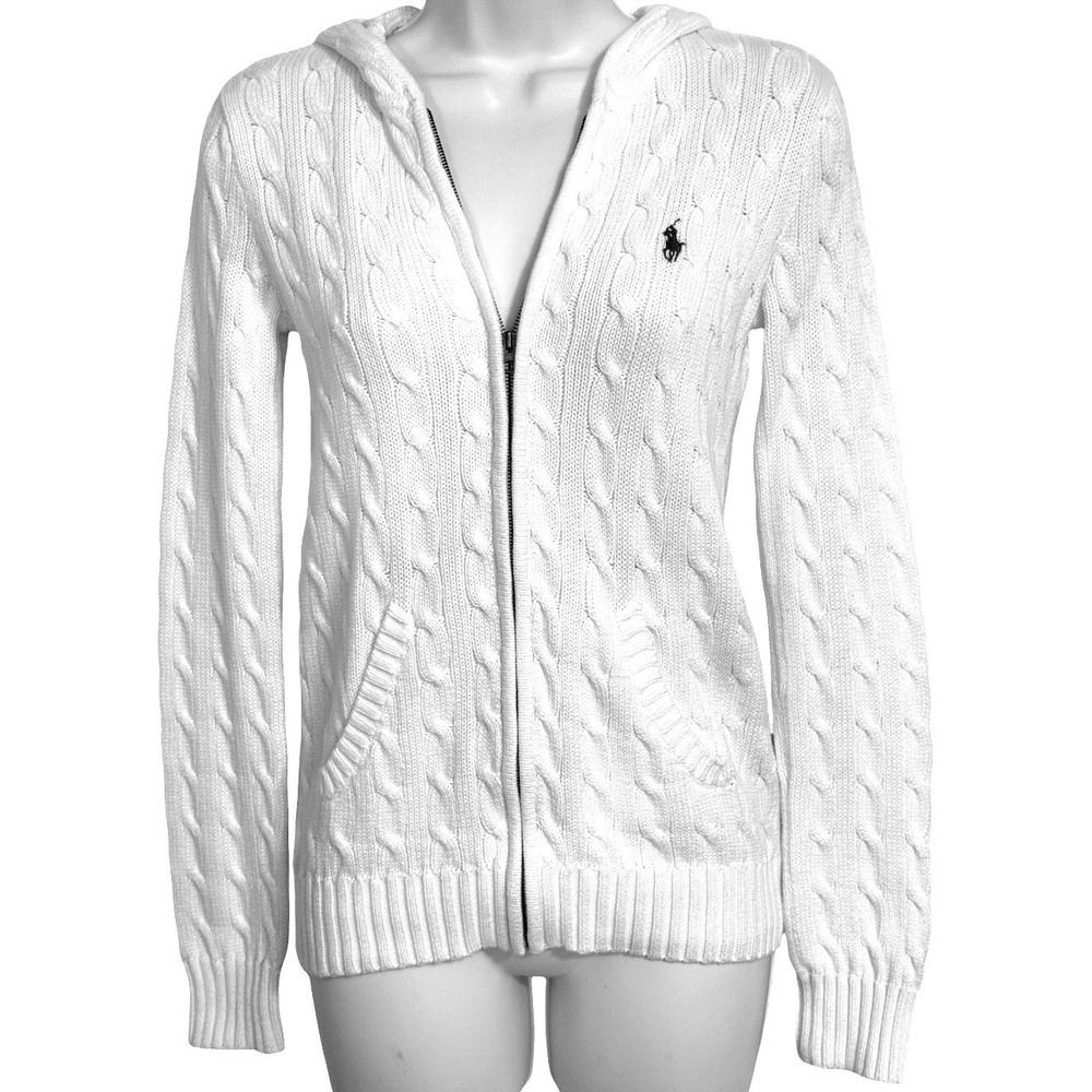 🆕 RALPH LAUREN SPORT White Cable Knit Full Zip Hooded Sweater Pink Pony Logo S - Picture 2 of 8